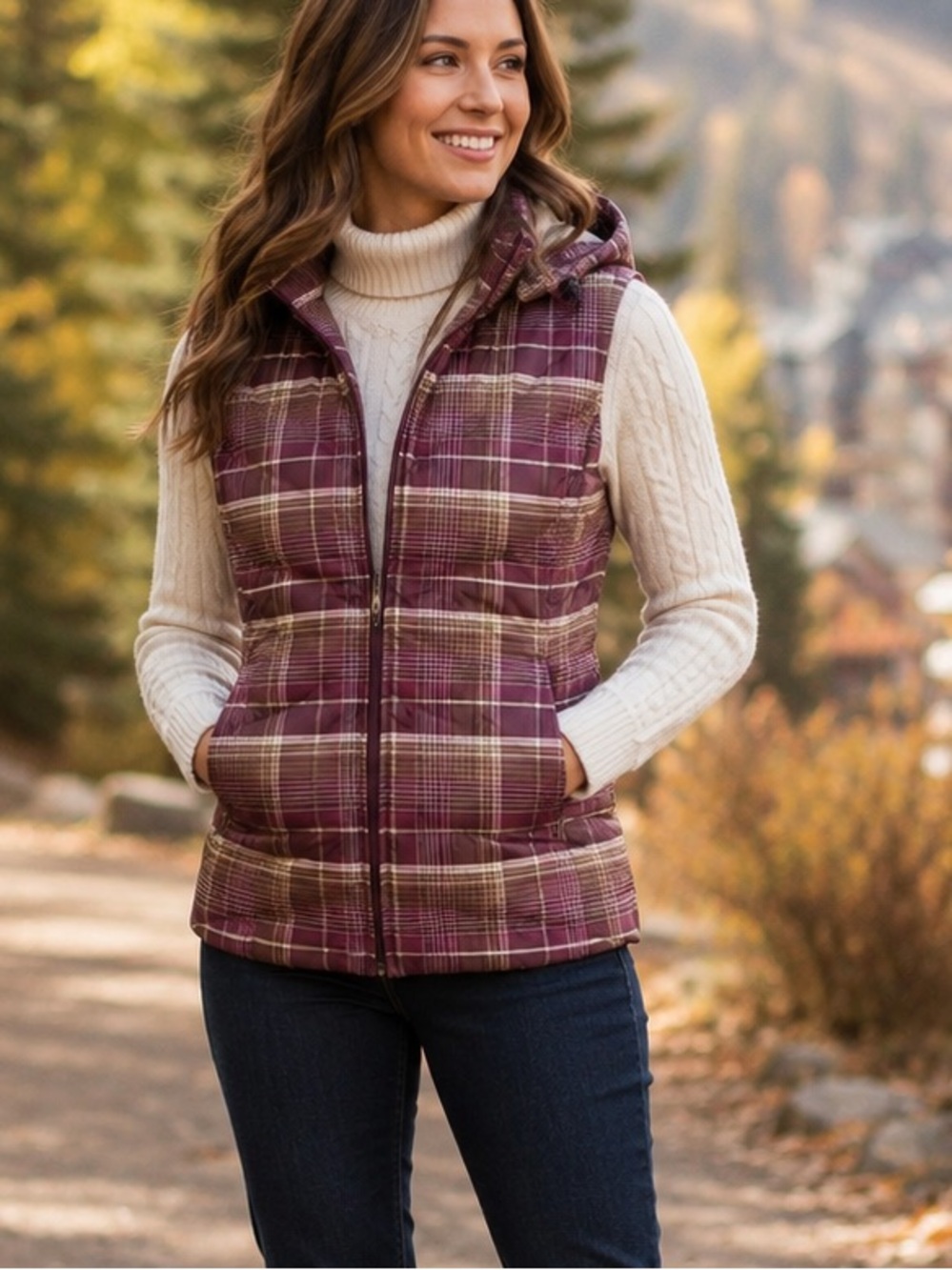 NWOT Patagonia Down With It Plaid Goose Down Hooded Puffer Vest
